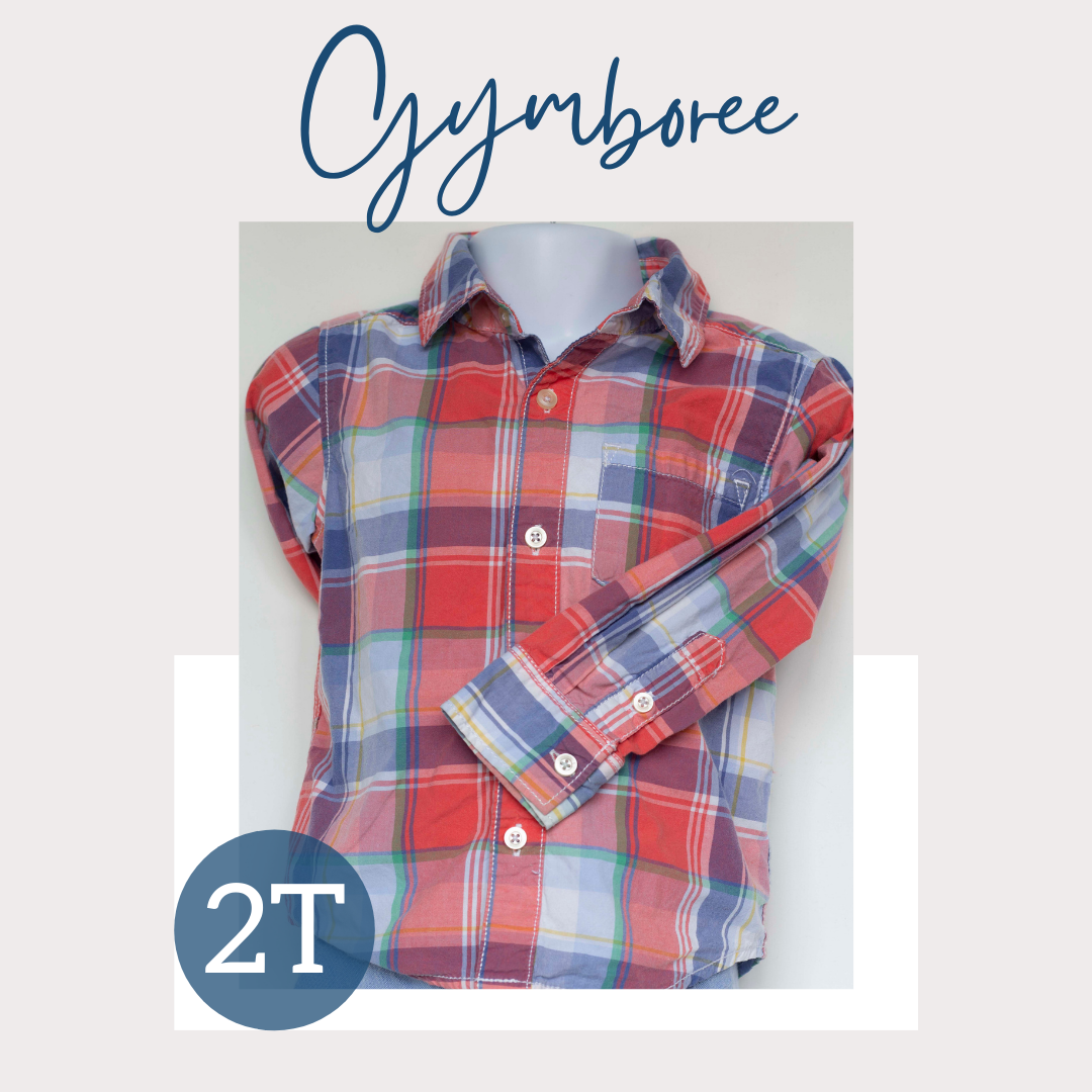 Button Front Shirt-Coral Blue and Green Plaid