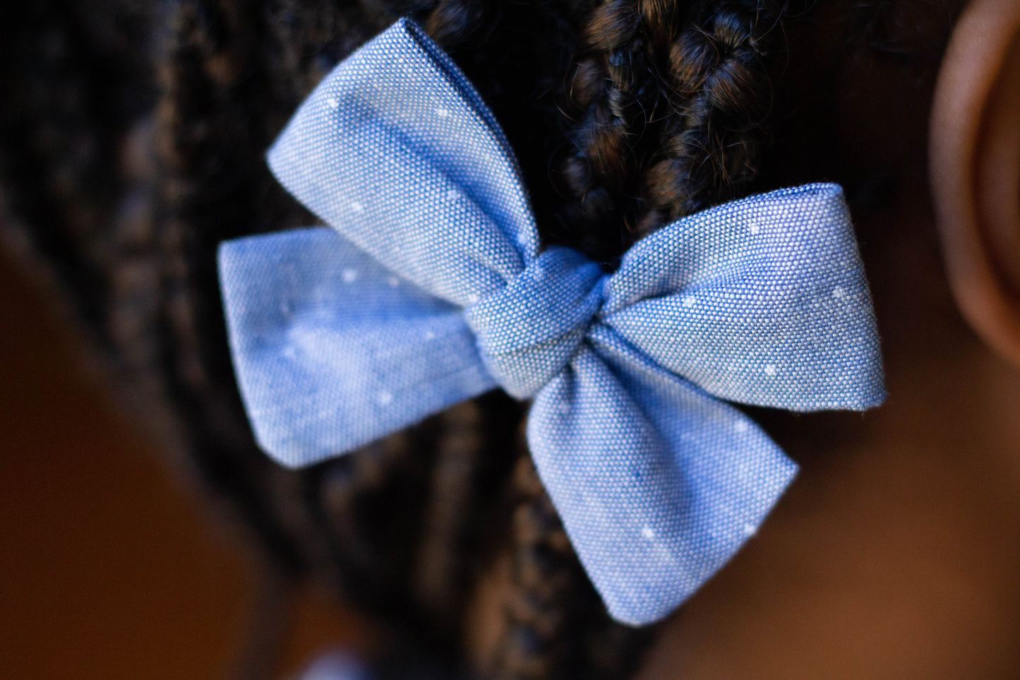 CHAMBRAY DOTS PIGTAIL BOWS on braid hairstyle