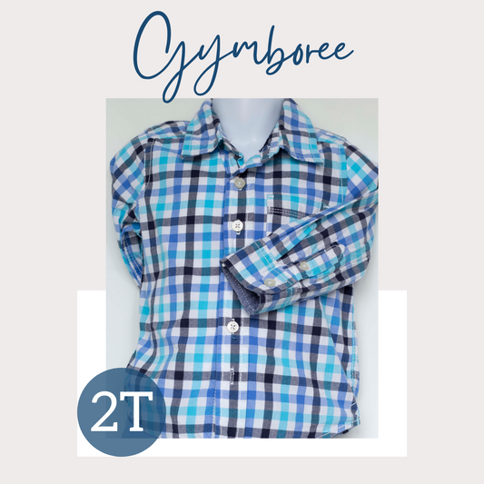 Button Front Shirt-Blue and Aqua Large Checkered