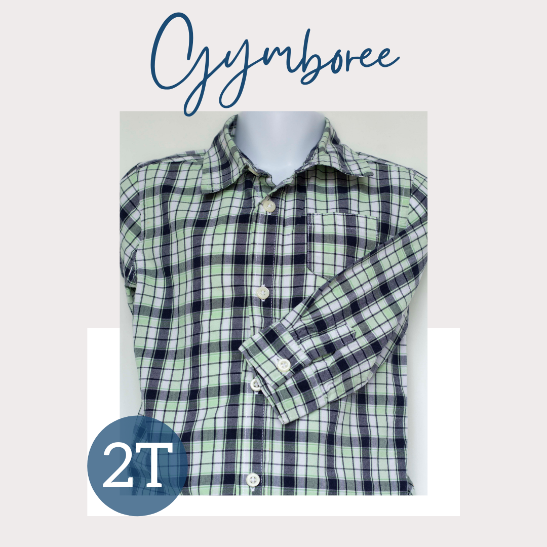 Button Front Shirt-Light Green and Navy Plaid