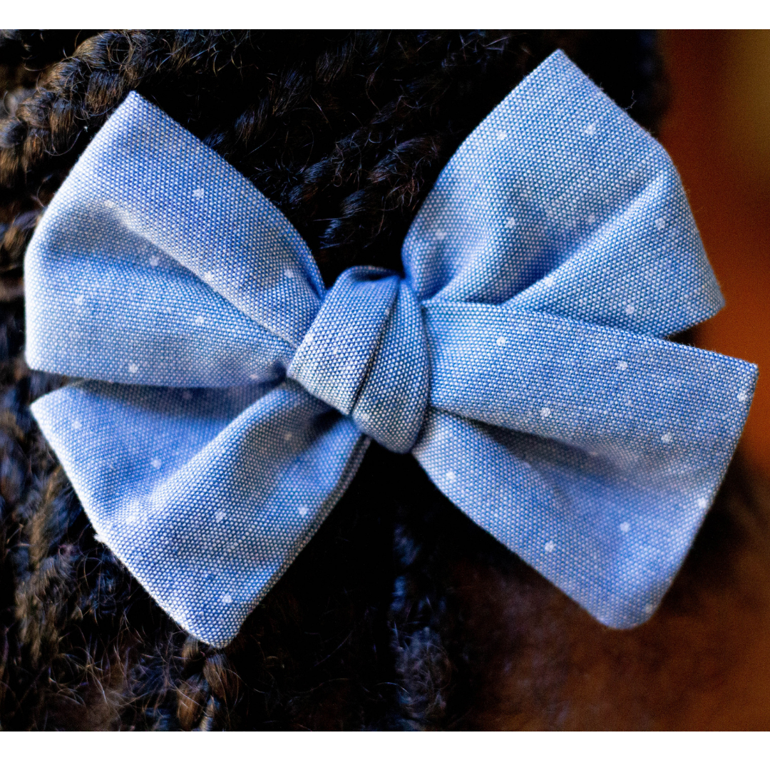 Light Blue Chambray white Dot hair bow girls hairstyle